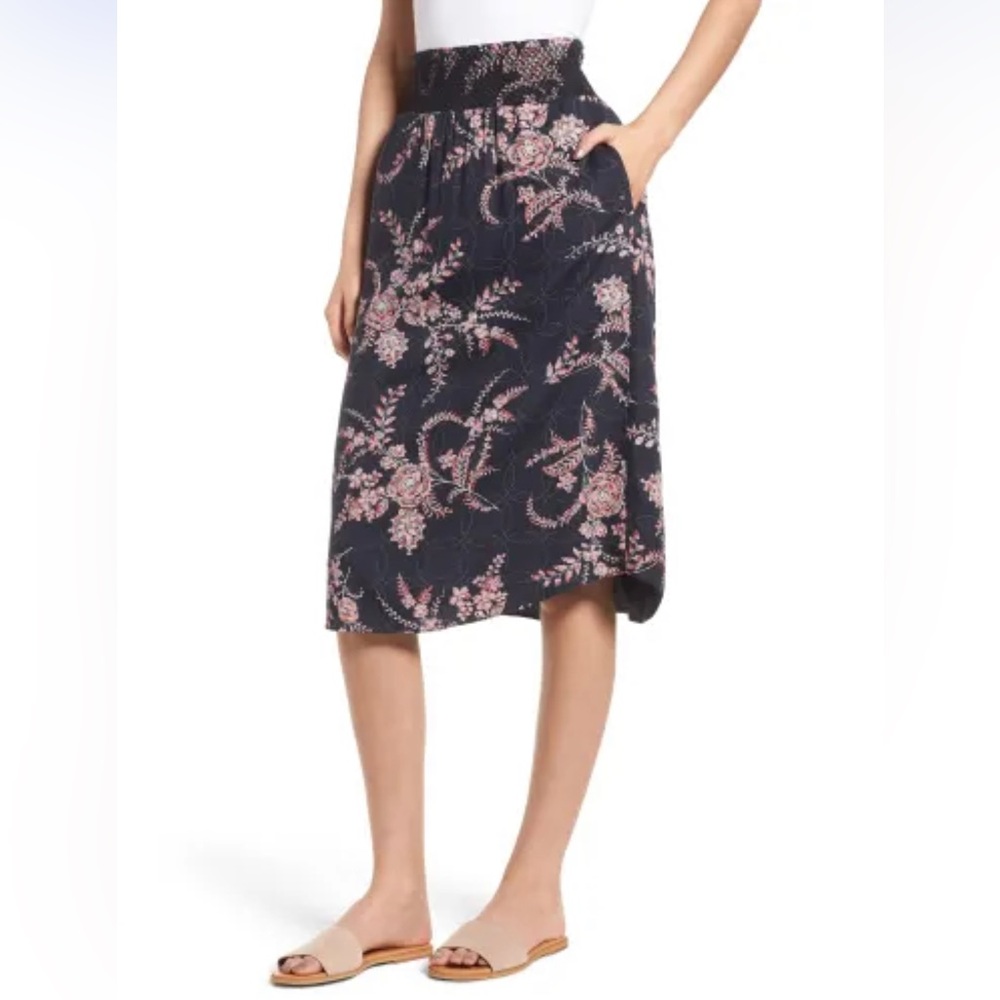 Hinge Floral Navy Blue Smock Waist Midi Skirt
